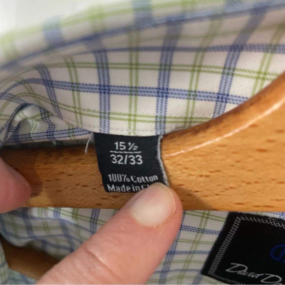 David Donahue Blue Green Tattersall Check Dress Shirt Neck 15.5 32/33 Preppy